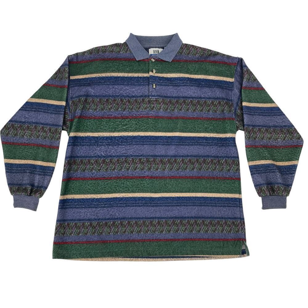 Vintage 90’s‎ Fleece 1/4 Button Shirt Denim Express Stripe Polo Large